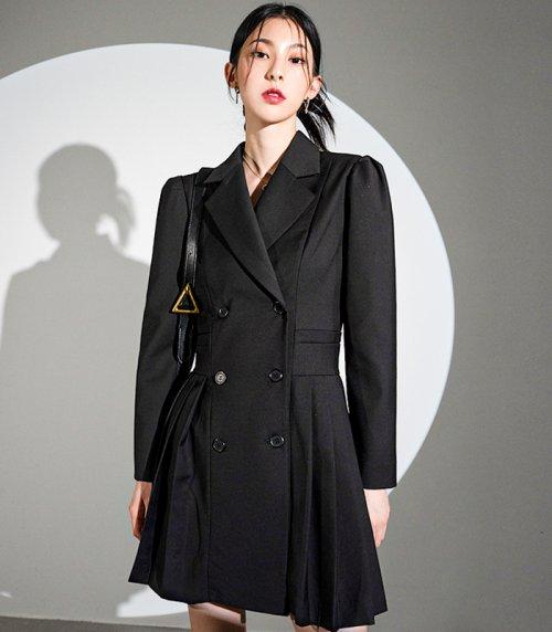 Puff Sleeve Pleated Dress BLACK