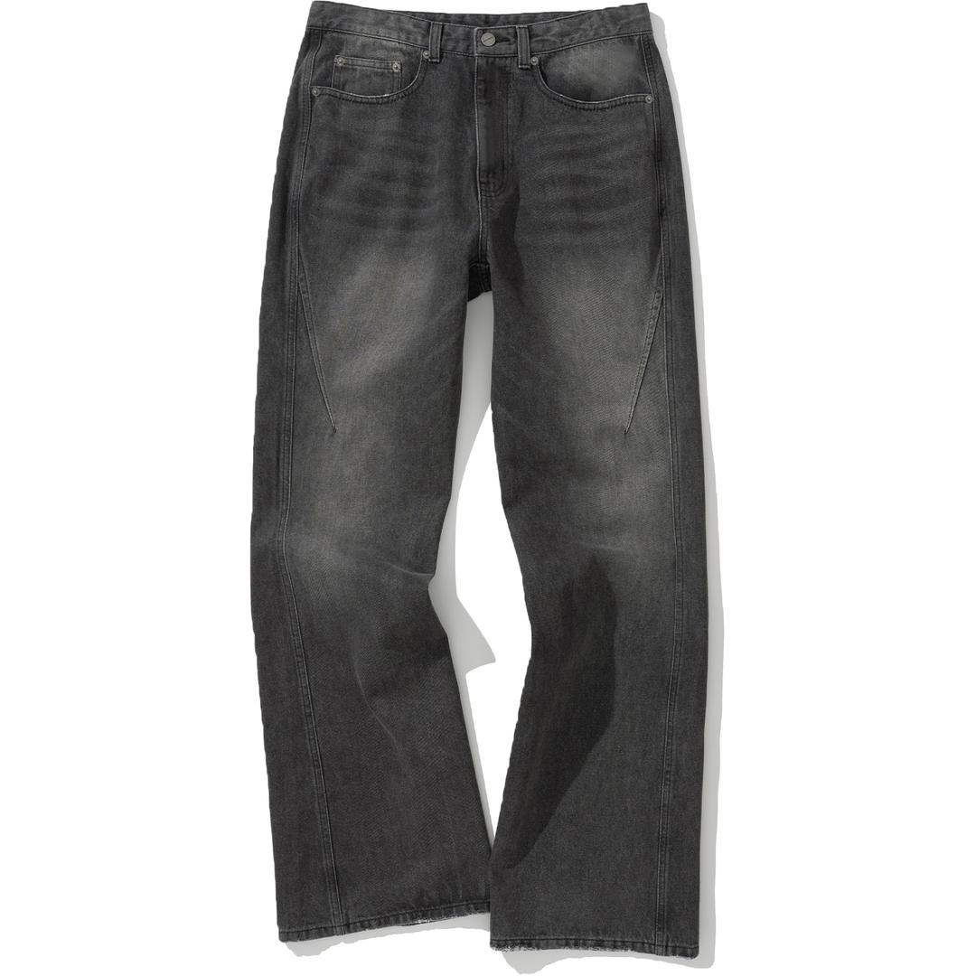 Curved Incision Flare Fit Denim Pants - Black