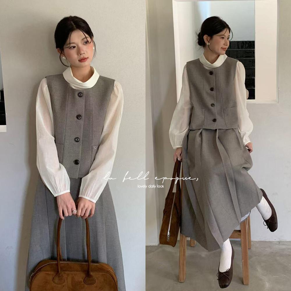 로틴 가을 간절기 결혼식 하객 노카라 베스트 플리츠 스커트 투피스