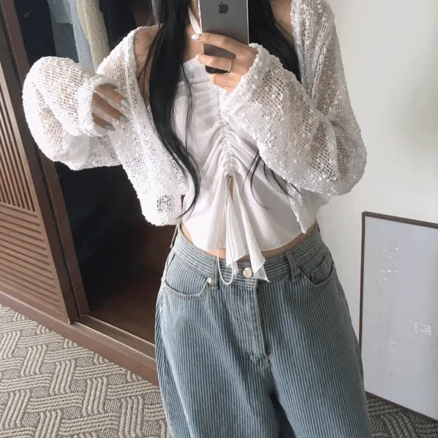 [여름가디건/살안타템] 부클 썸머 크롭 시스루 폼폼 루즈핏 여리 가디건(장마철,여행,여름룩,살안타템)