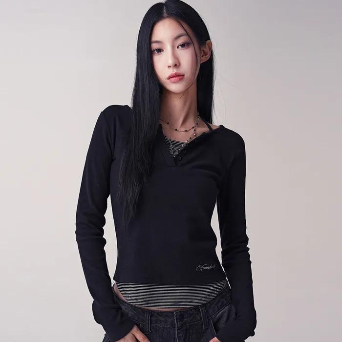 Sally V-cut Stripe Layered Tee_3Colors