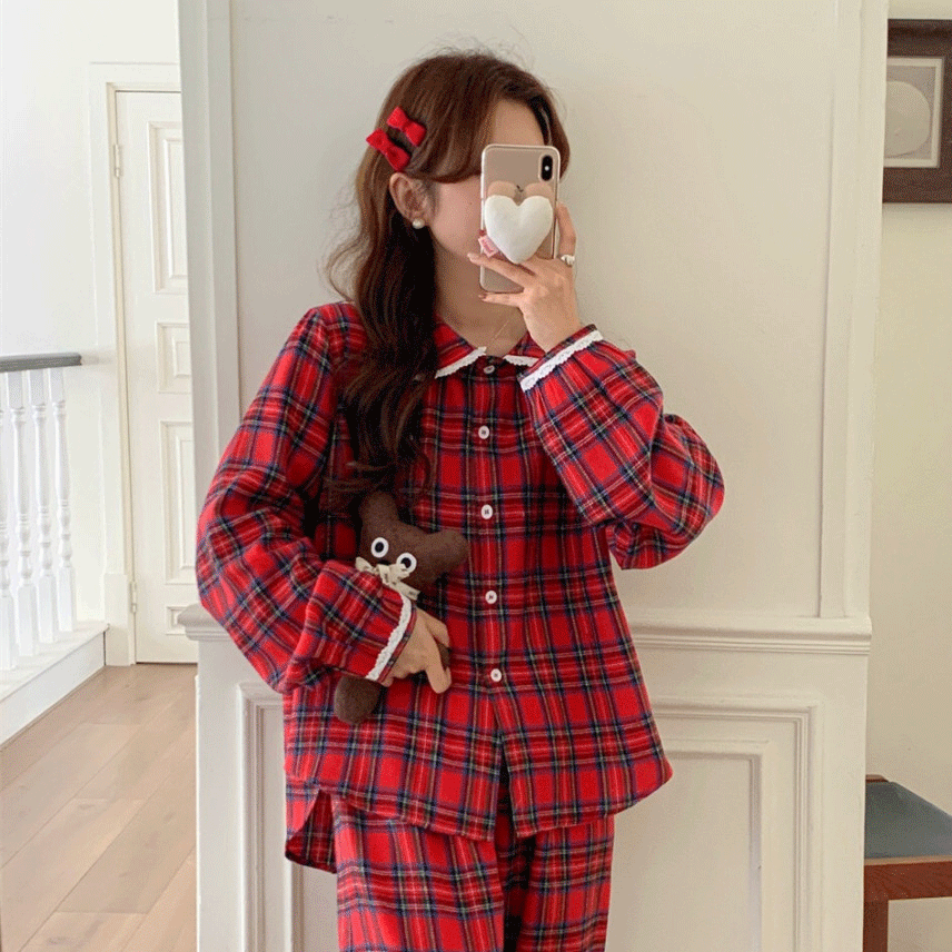 마일드문 (커플)노엘 체크 잠옷 긴팔 겨울 크리스마스 파자마 홈웨어