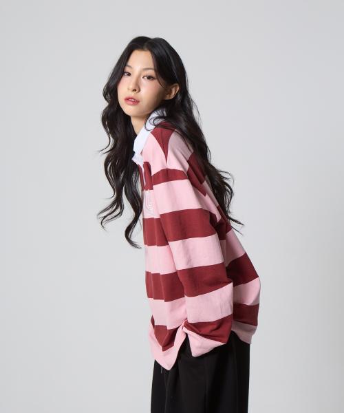 스트라이프 럭비 카라 셔츠 핑크