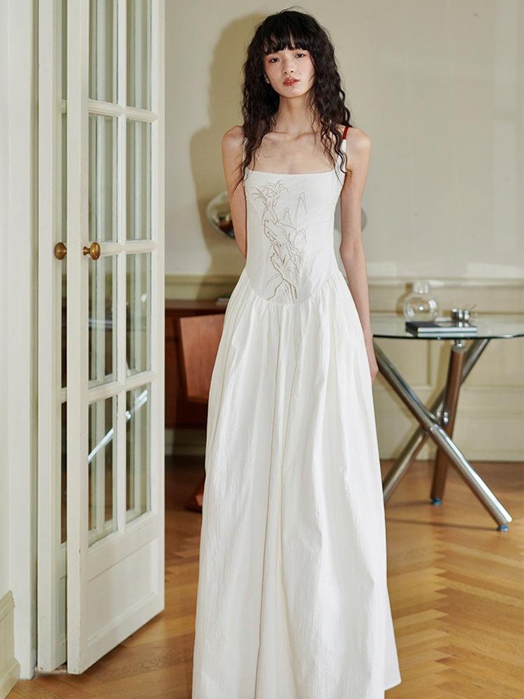 Embroidered Long backless Sling Dress