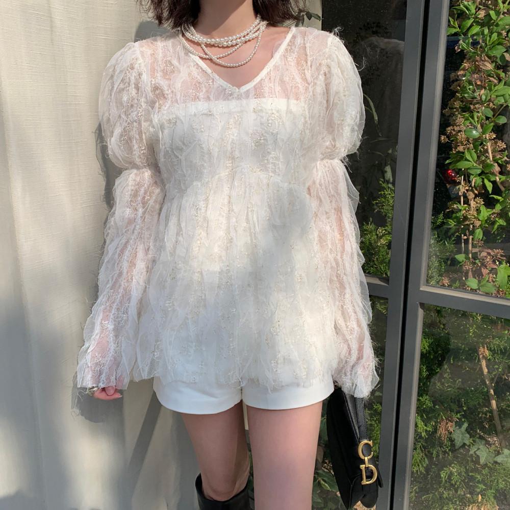 엔틱 시스루 레이스 롱 블라우스 / 아이보리, 민트