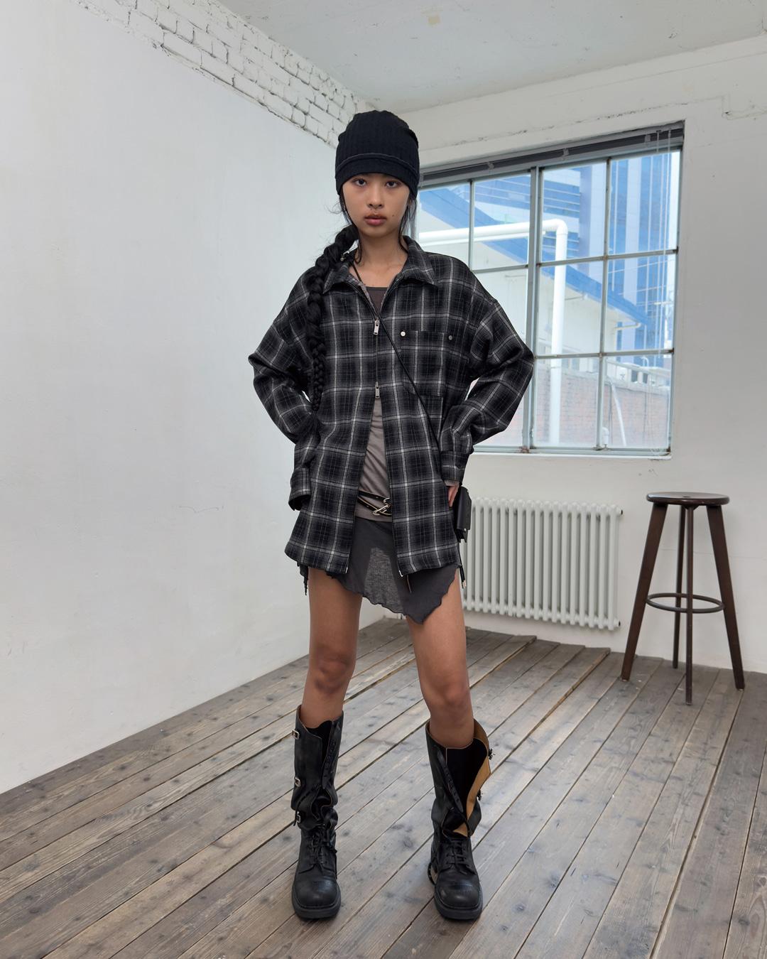 RIVET OVER CHECK SHIRT JACKET-CHARCOAL