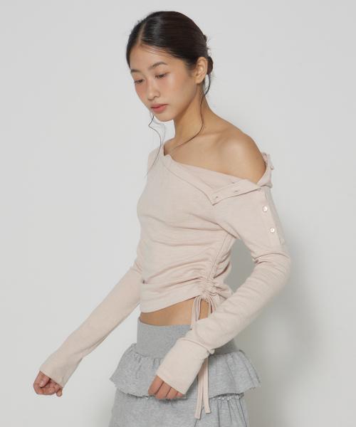 NATALIE SIDE BUTTON OFF-SHOULDER T - PINK BEIGE