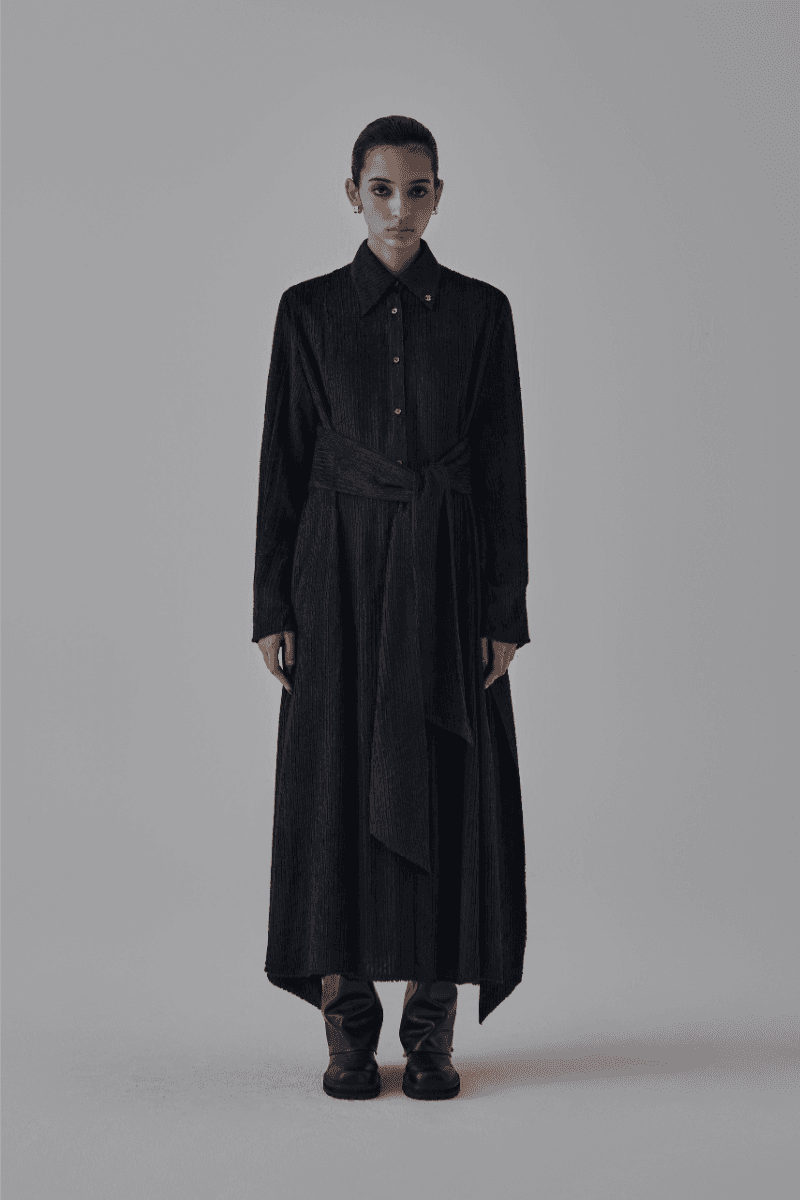 Velboa Stripe Strap Long Shirt One-Piece [ Black ]