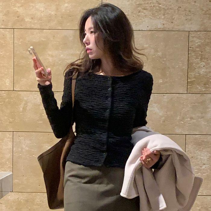 [10차:3/19 예약배송] Boatneck Creased Cardigan_Black