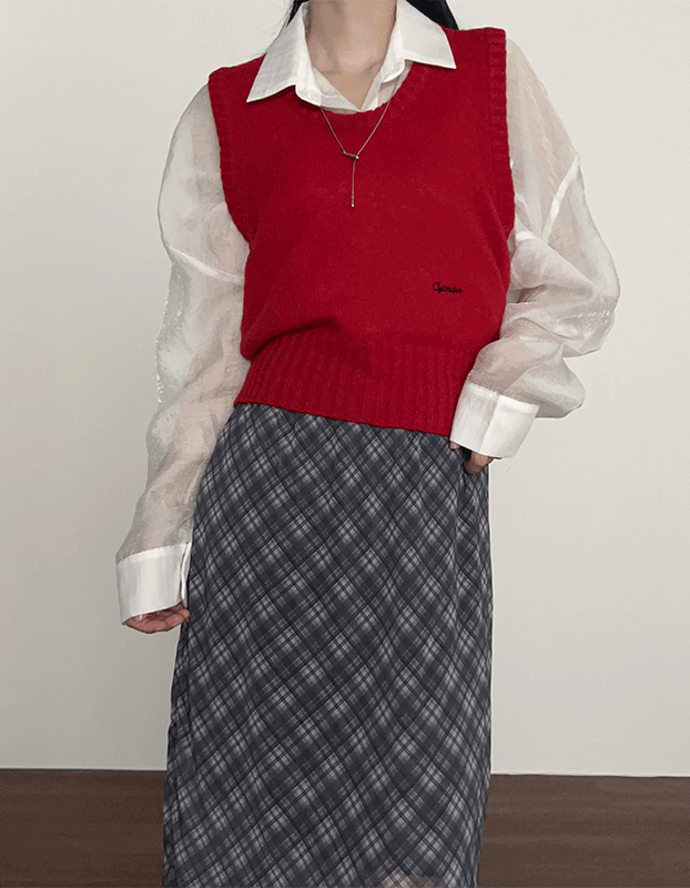 모어체리 울 레터링 자수 유넥 니트 조끼 베스트 .A7078 (4color)