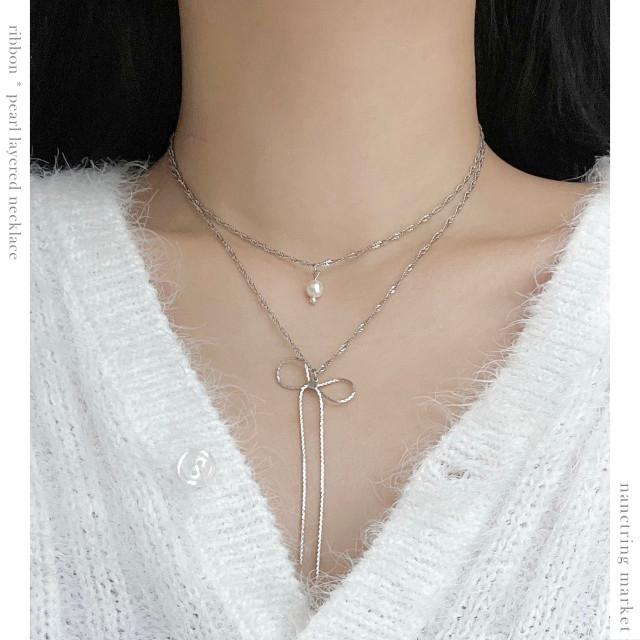 [5% 신상 할인] 리본 레이어드 목걸이 (써지컬스틸 체인)