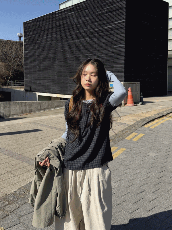 신시 퍼프 체크 울 반팔 블라우스