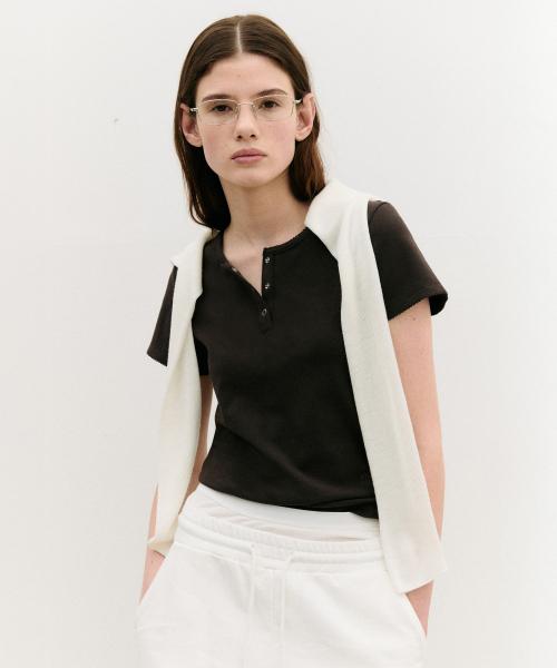 NUBASIC HENLEY NECK T-SHIRT CHARCOAL