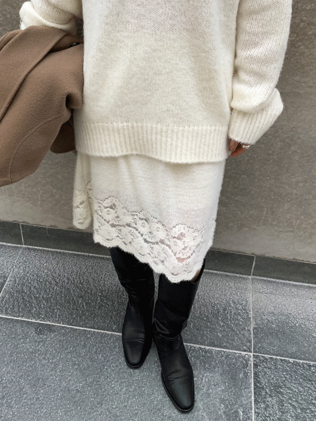 AA. Lace Hem Midi Knit Skirt