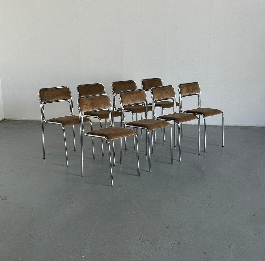 Bauhaus Chrome Tubular Steel and Beige Velvet Chairs / Italian Modernist Stackable Dining Chairs