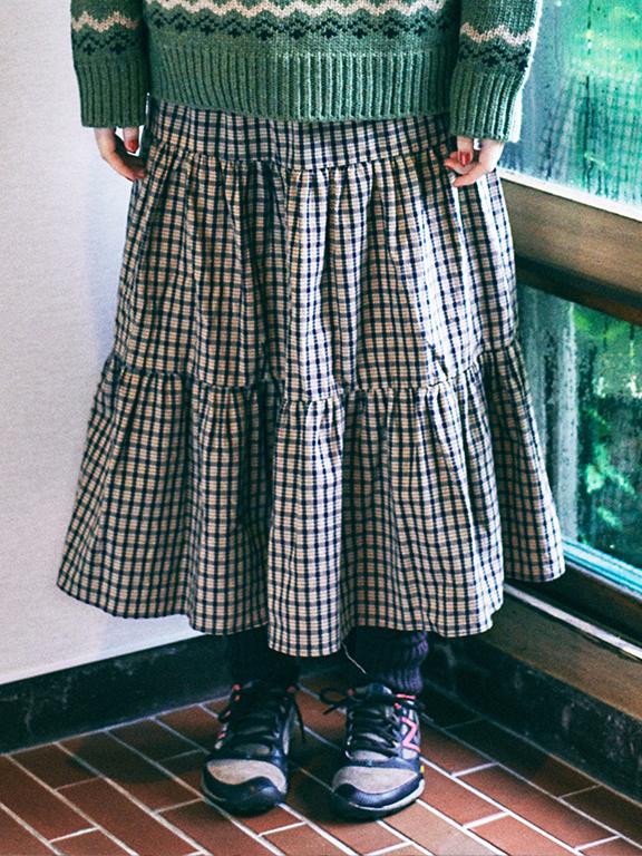 butterfly shirring skirt(BEIGE CHECK)