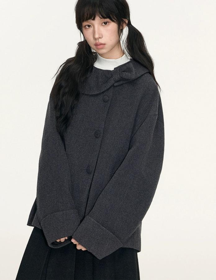 TAKEANAP 리본 사선 플래킷 숏 코트 (다크 그레이)