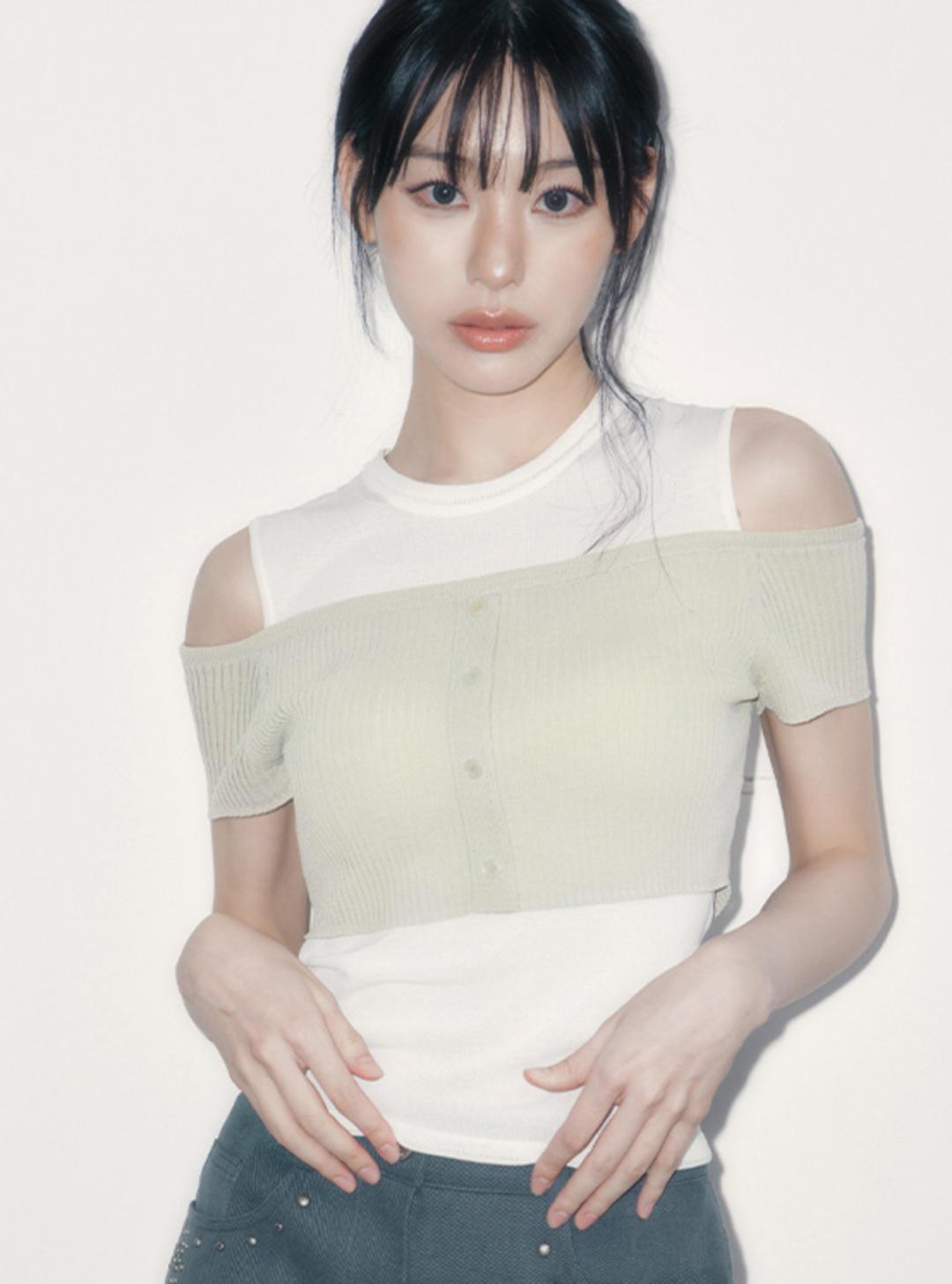 (L_KHAKI 6/18 예약배송) Shoulder Cut-out Summer Knit VK5MP196_2color