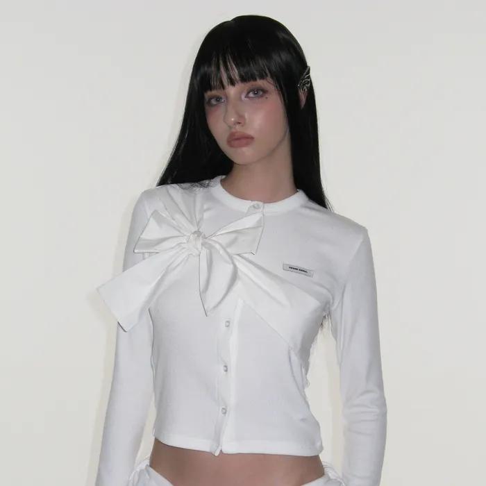 RIBBON-TIED KNIT CARDIGAN_WHITE