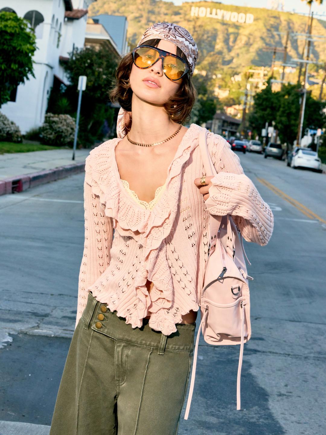 Knit Bell Sleeve Ruffled Hem Knotted Hollow Out Cardigan