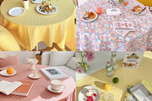 봄맞이 감성 인테리어 홈카페 방수 체크플라워 식탁보 사각&원형/식탁매트/식탁러너