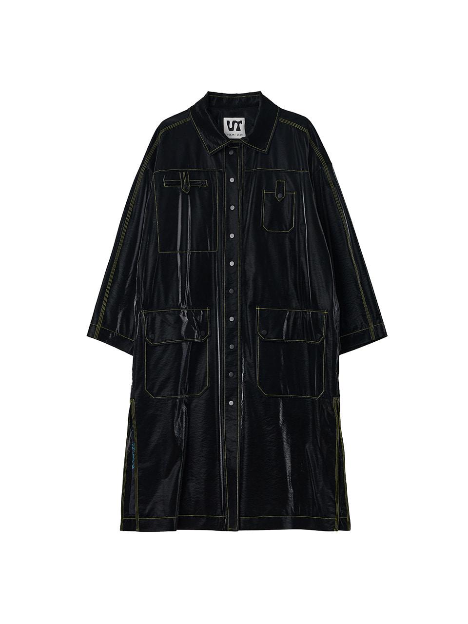 한지가죽 스티치 롱코트 블랙