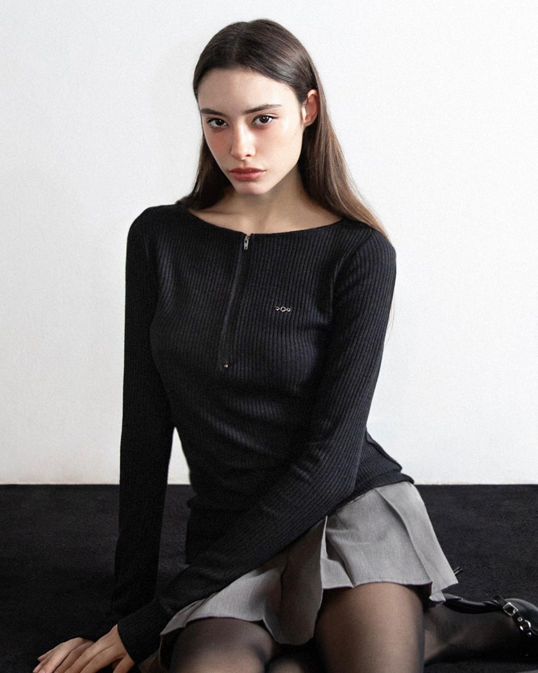 리브드 하프 집업 보트넥 롱슬리브 블랙