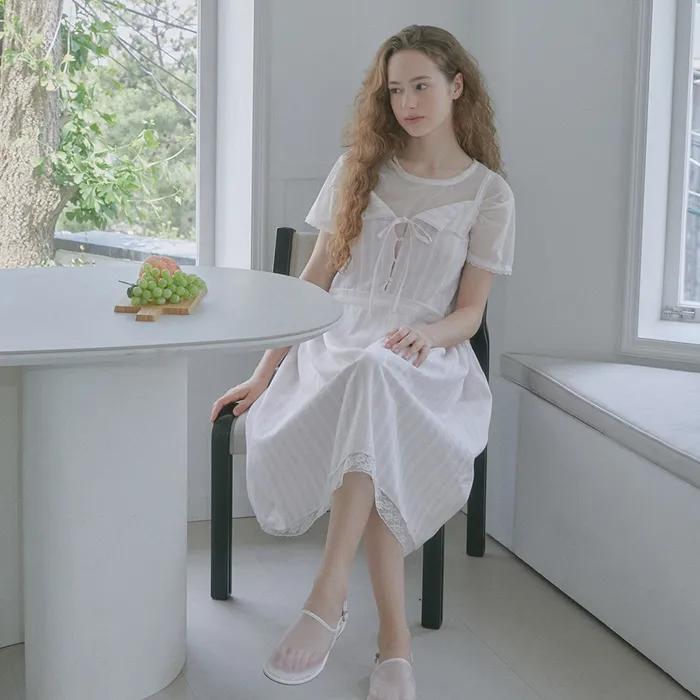 LACE STRIPE LONG ONE-PIECE (LIGHT PINK)