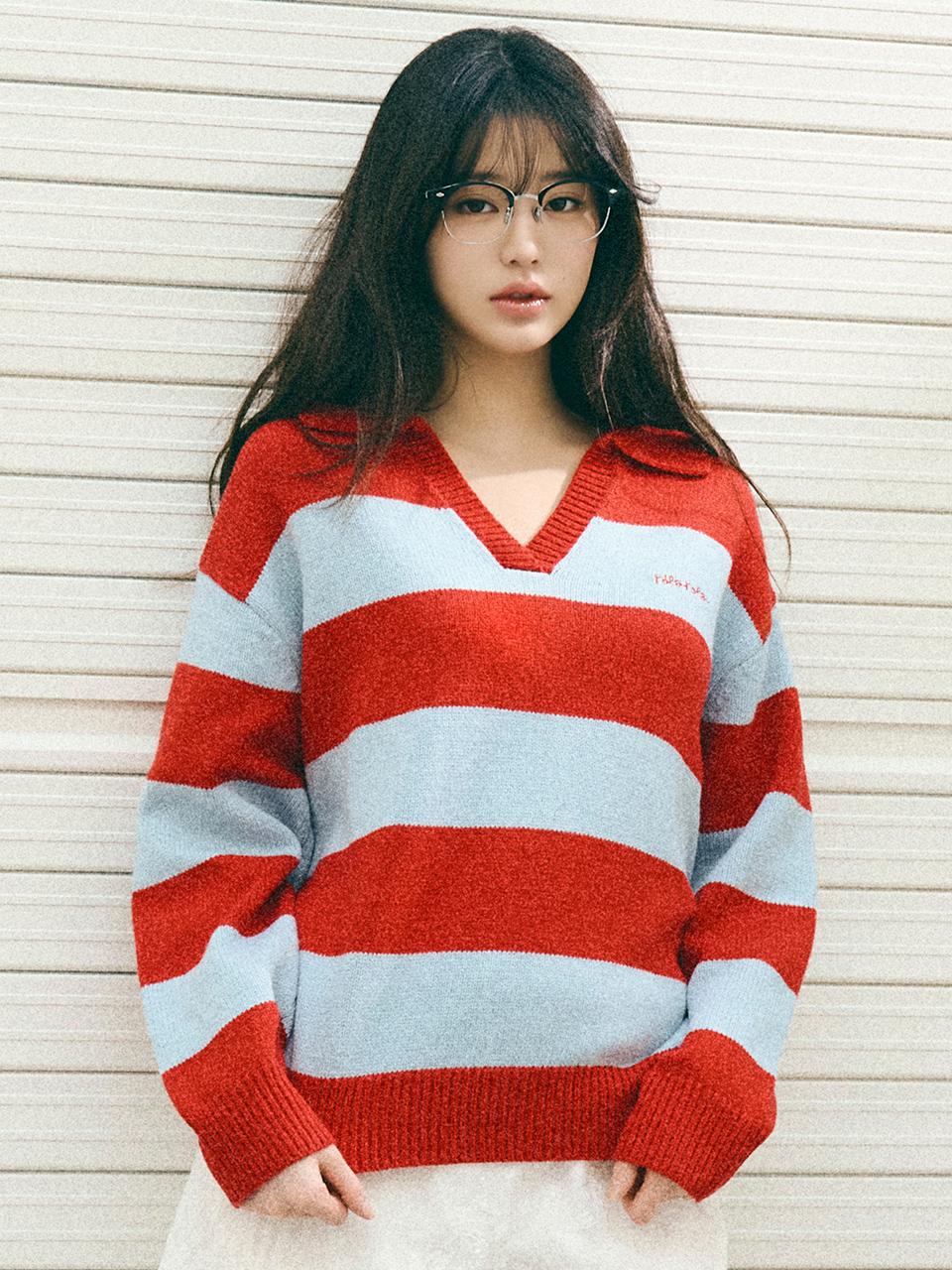 WOOL BLENDED COLLAR STRIPE BOARDER KNIT RD+BL