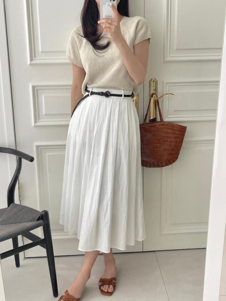 뮤토 여성 바스락 아이보리 여름 핀턱 훌 롱 밴딩 스커트