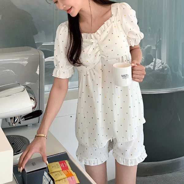 [MINA MADE] 77가능! 브라캡내장 플롬 도트 파자마 잠옷세트