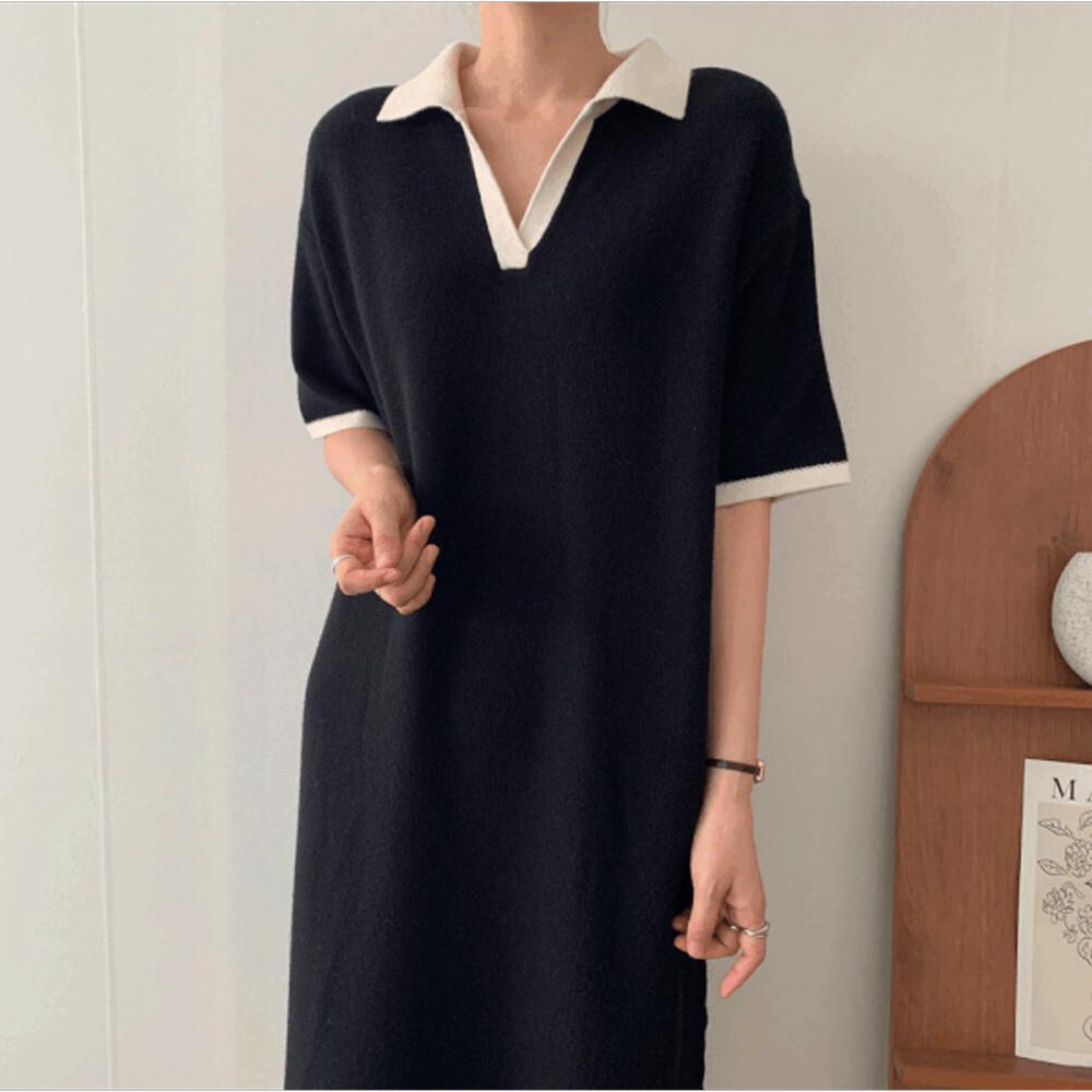 1318 가을 루즈핏 배색 카라 편한 니트 롱 원피스 데일리 하객 블랙 임부 빅사이즈