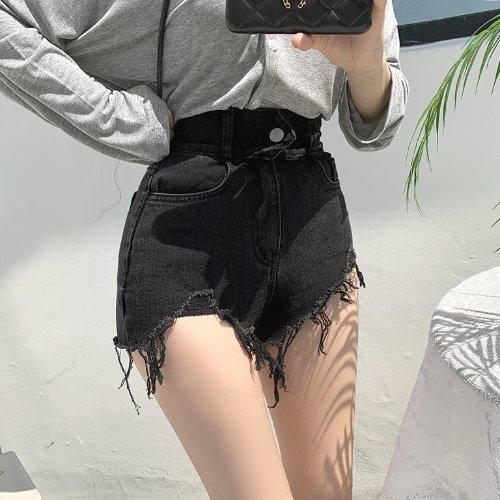 터그 하이 언발 헤짐 숏 데님 숏팬츠 (청,블랙)