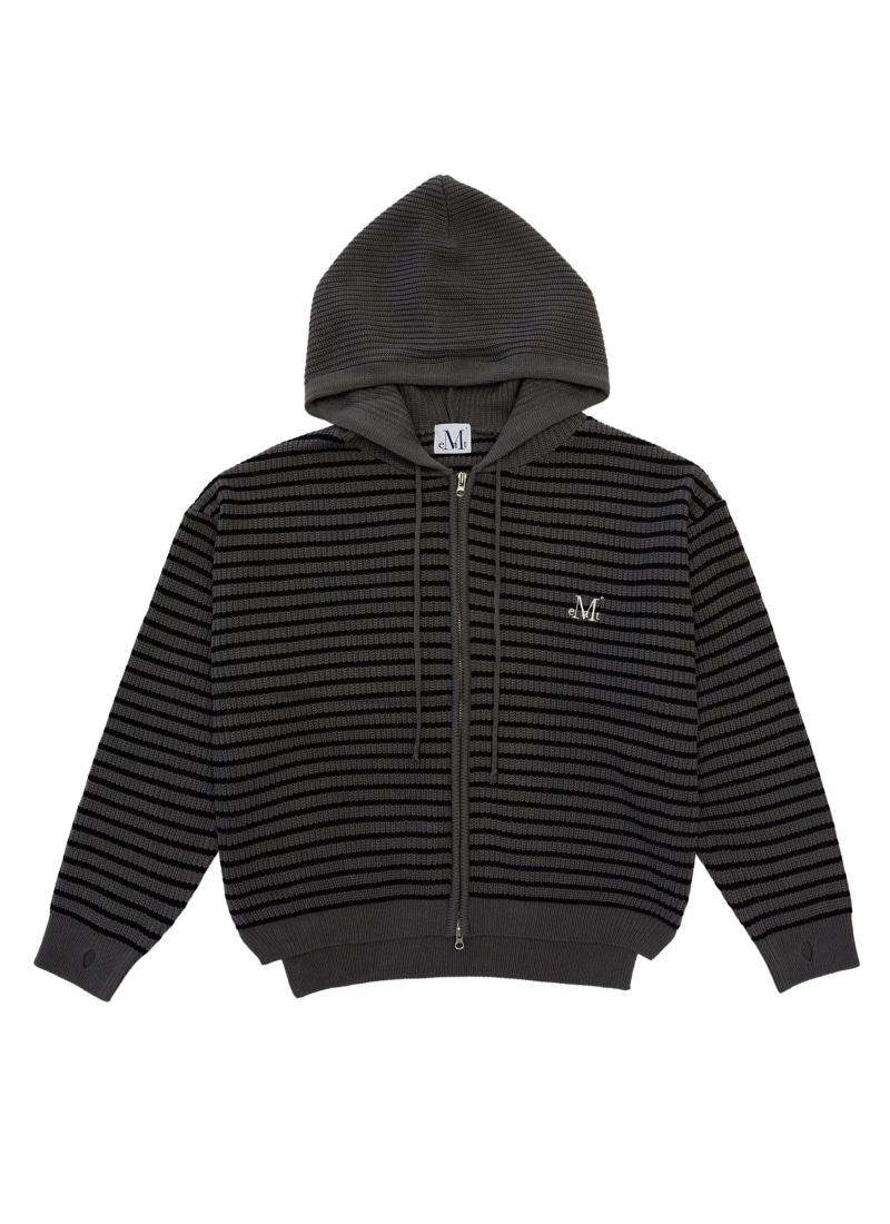 MEI STRIPE HAND-WARMER KNIT ZIP-UP UNISEX (2Color) 메이 오버핏 스트라이프 핸드워머 니트 후드 집업 남녀공용 (2컬러)