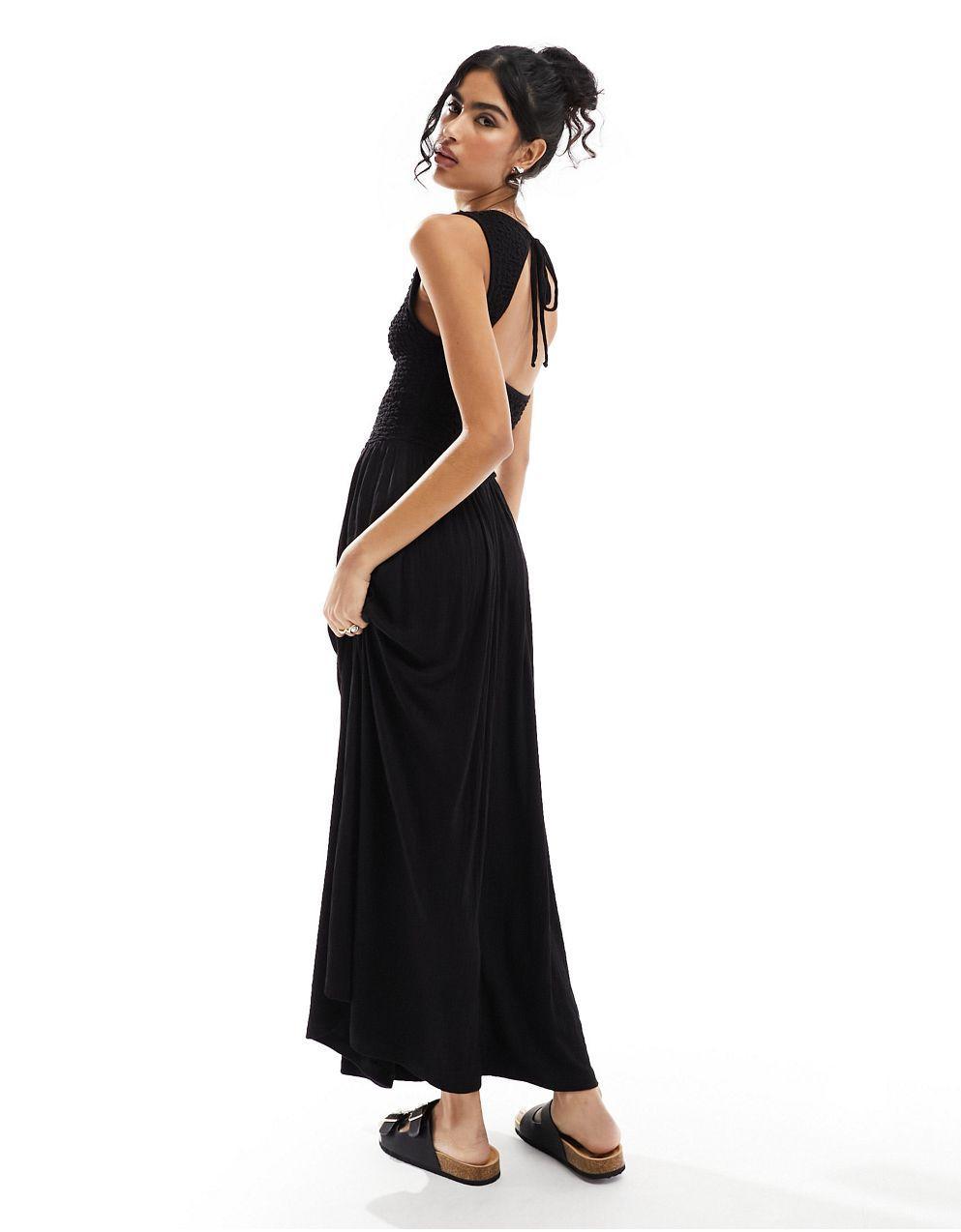 ASOS DESIGN 크링클 주름 보디스 블랙 뒷면 오픈 맥시 드레스
