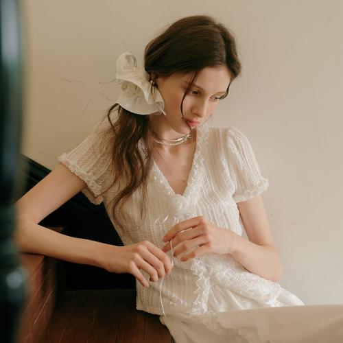 Cest_Ruffle v-neck short sleeve cardigan