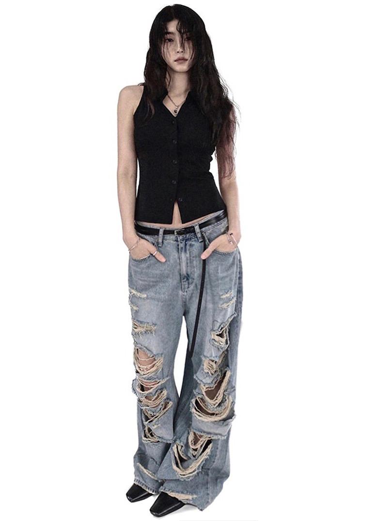 CASEL DAMAGE DESTROYED WIDE LIGHT BLUE DENIM JEANS 카셀 데미지 디스트 와이드 연청 데님진