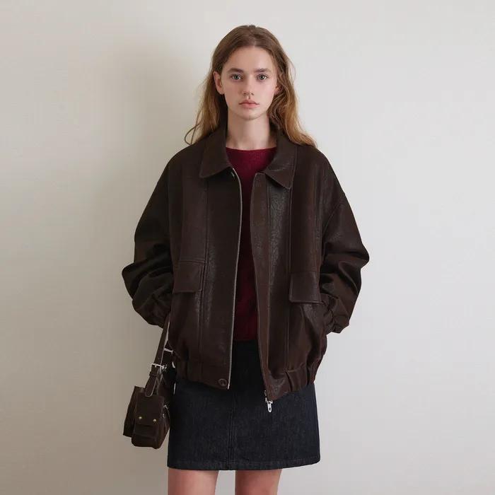 [29CM 단독] 오버핏 포켓 레더 블루종_Subtle Brown