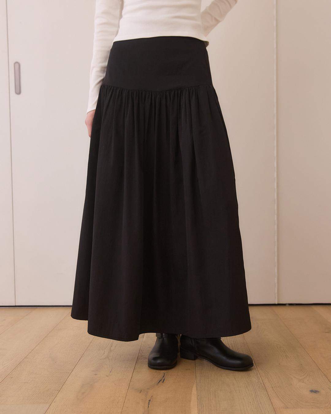 [령은pick 특별가] Drop waist shirring long skirt - black