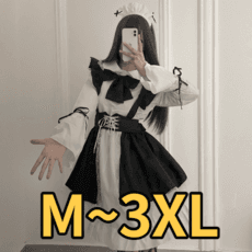 핫스윗 빅사이즈 메이드복 코스프레 코스튬 졸업사진컨셉 긴팔 꽃브로치 하녀복 원피스 드레스 스타킹 세트