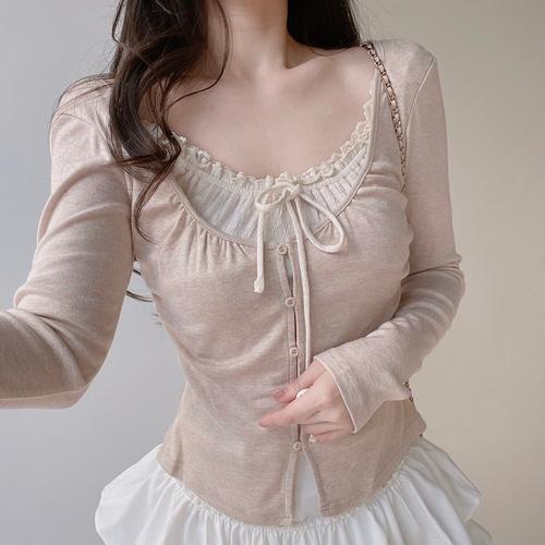 프릴 셔링 레이스 그리른 티셔츠