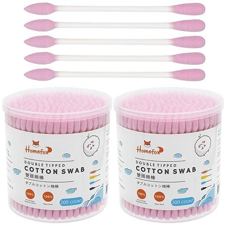 Pink Cotton Swabs Precision Pointed - 400 Count Pointy Cotton Buds Double Side Tightly Wrapped Cotton Tips Paper Stick Organic Soft Gentle Lint-Free Cruelty-Free, Pointy & Round (Pink)