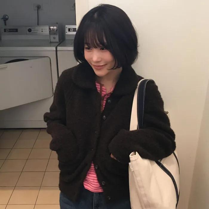 BOUCLE COLLAR KNIT JACKET_BROWN