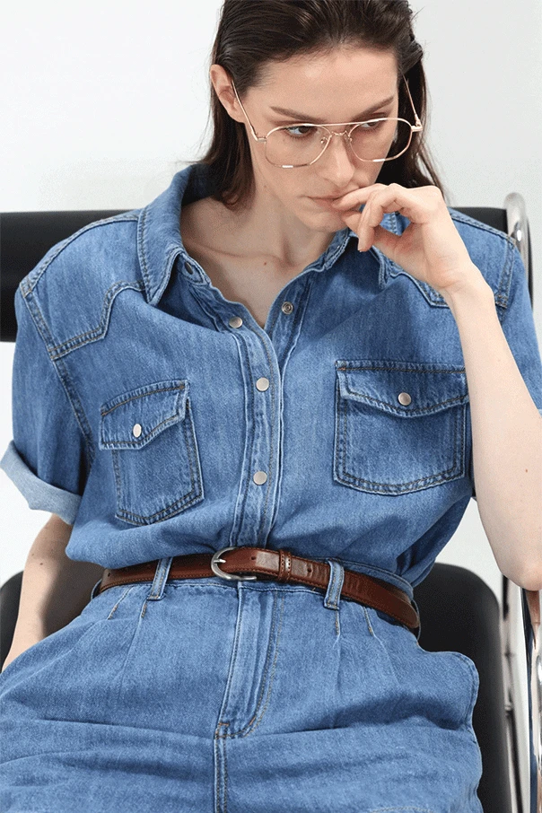 웨스턴 데님 하프 셔츠