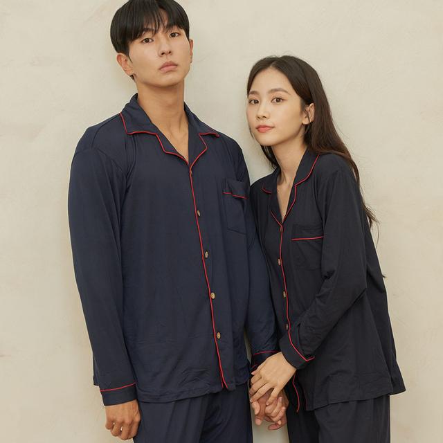 도씨 커플잠옷세트 피치기모 솔리드 카라 홈웨어 파자마 긴팔 가을