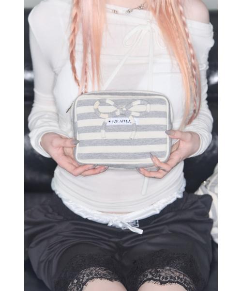 리본 파우치 스트라이프 그레이