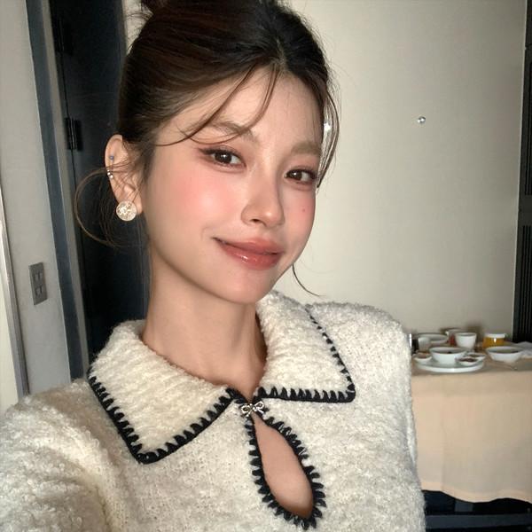 LIN Snowflake Grain-Sensitive Droplet Collar Slim Fit Knit Sweater