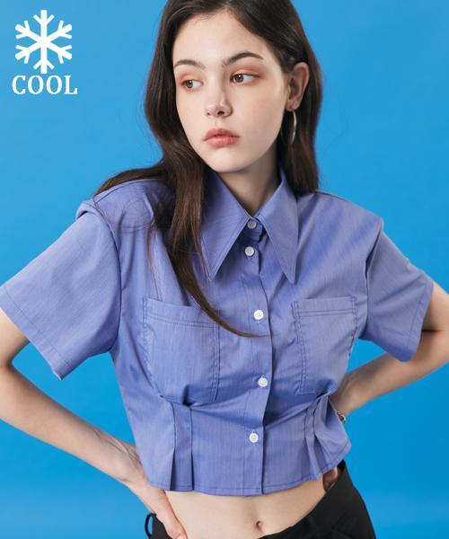 WOMEN 쿨링 에어리 크롭 슬림 반팔 셔츠 [DENIM_PURPLE]