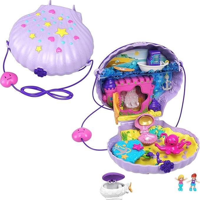 Polly Pocket Tiny Power, 조개껍질 지갑 및 착용 가능한 스트랩, 재미있는 해저 기능, 마이크로 폴리 및 라일라 인어 인형, 액세서리 2개 및 스티커 종이, 4세 이상용