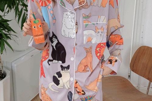 레트로 캣 일러스트 사계절 긴팔 파자마 세트